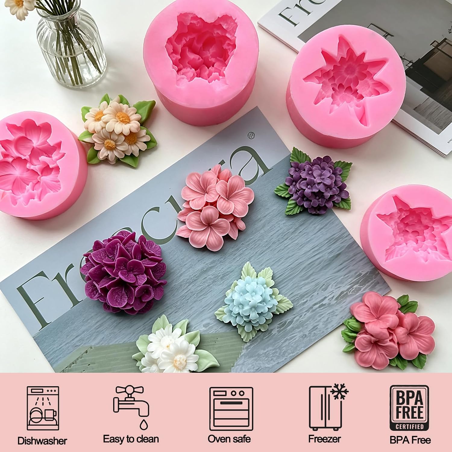 4 Pcs Flower Silicone Molds, Flower Candle Molds for Candle Making,3D Floral Silicone Resin Mold Daisy Hydrangea Fondant Mold for Chocolate Cake Decorating Soap Wax Resin Craft