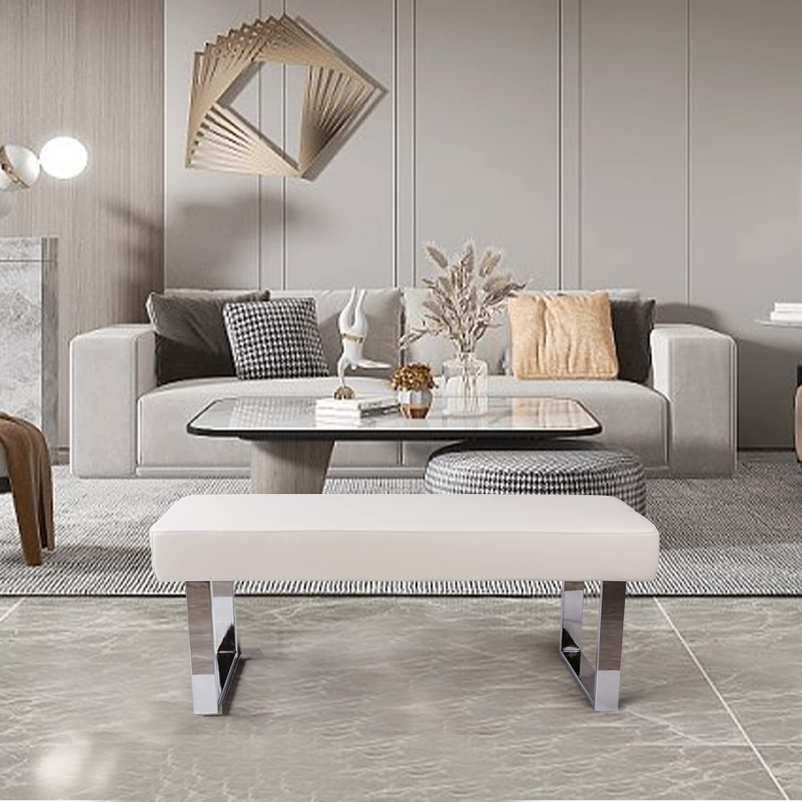 JIEXI Banco de Comedor Moderno con tapizado, Banco de Dormitorio para Esquina Interior con Patas de Metal, Banco de Piel sintética para Entrada, Cocina, Sala de Estar (Blanco)