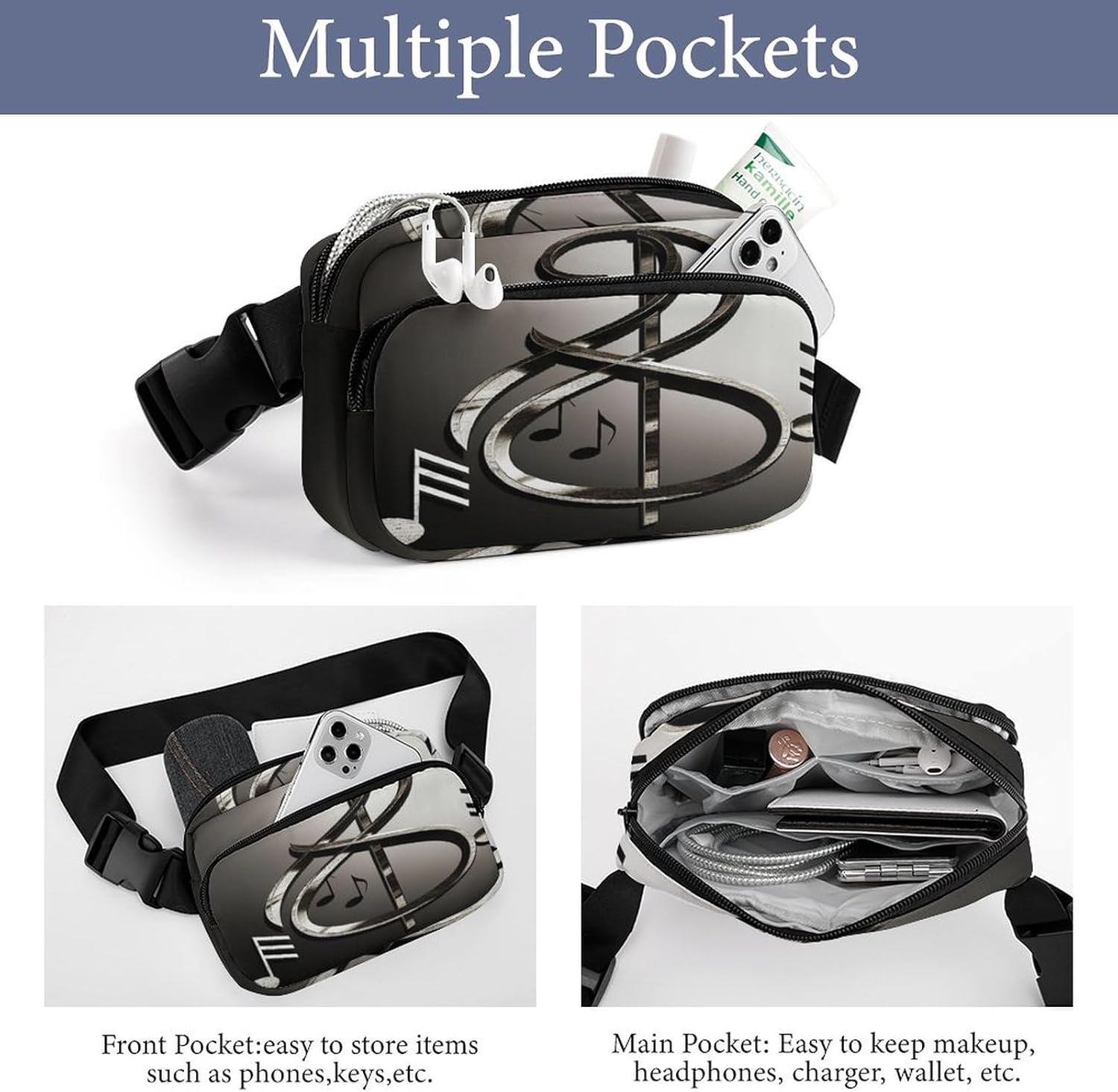 Music Symbol Fanny Pack Belt Bag with Adjustable Strap Fashion Waist Bag for Outdoor Sports Hiking