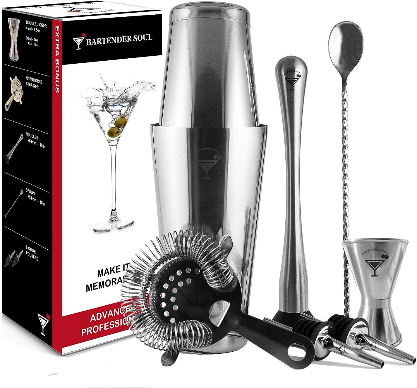 Professional Cocktail Shaker - 750ml - 0.8mm - with Jigger, Versatile Silicone Coaster/Drainer and Recipe Guide - High Performance Stainless Steel (Mirror)
