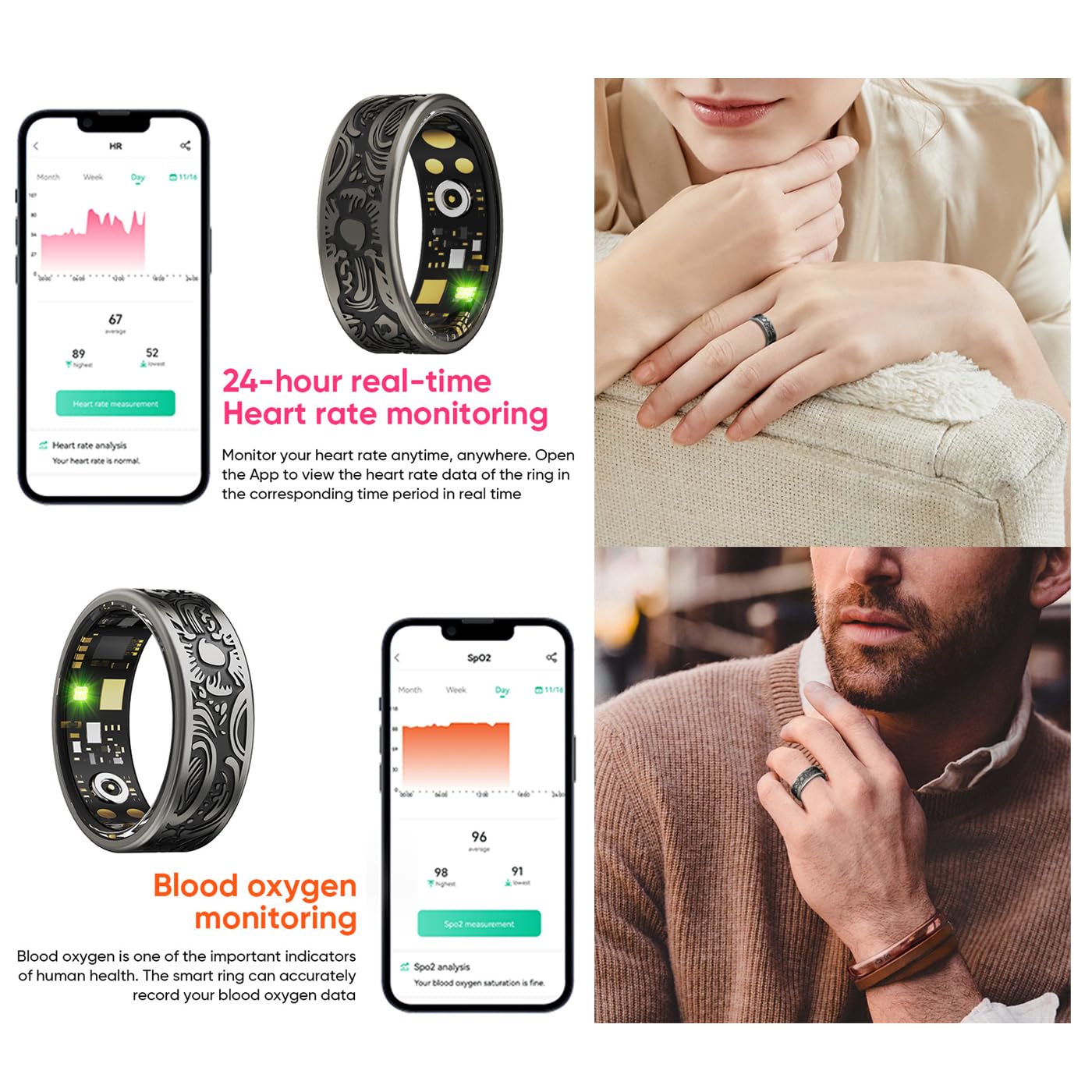 Smart Ring Uomo Donna, Anello Fitness Tracker con App, Scatola di Ricarica, monitoraggio del Sonno, Tracker per Tempo Sportivo, Distanza, Calorie, Impermeabile, Anelli Fitness per d 13