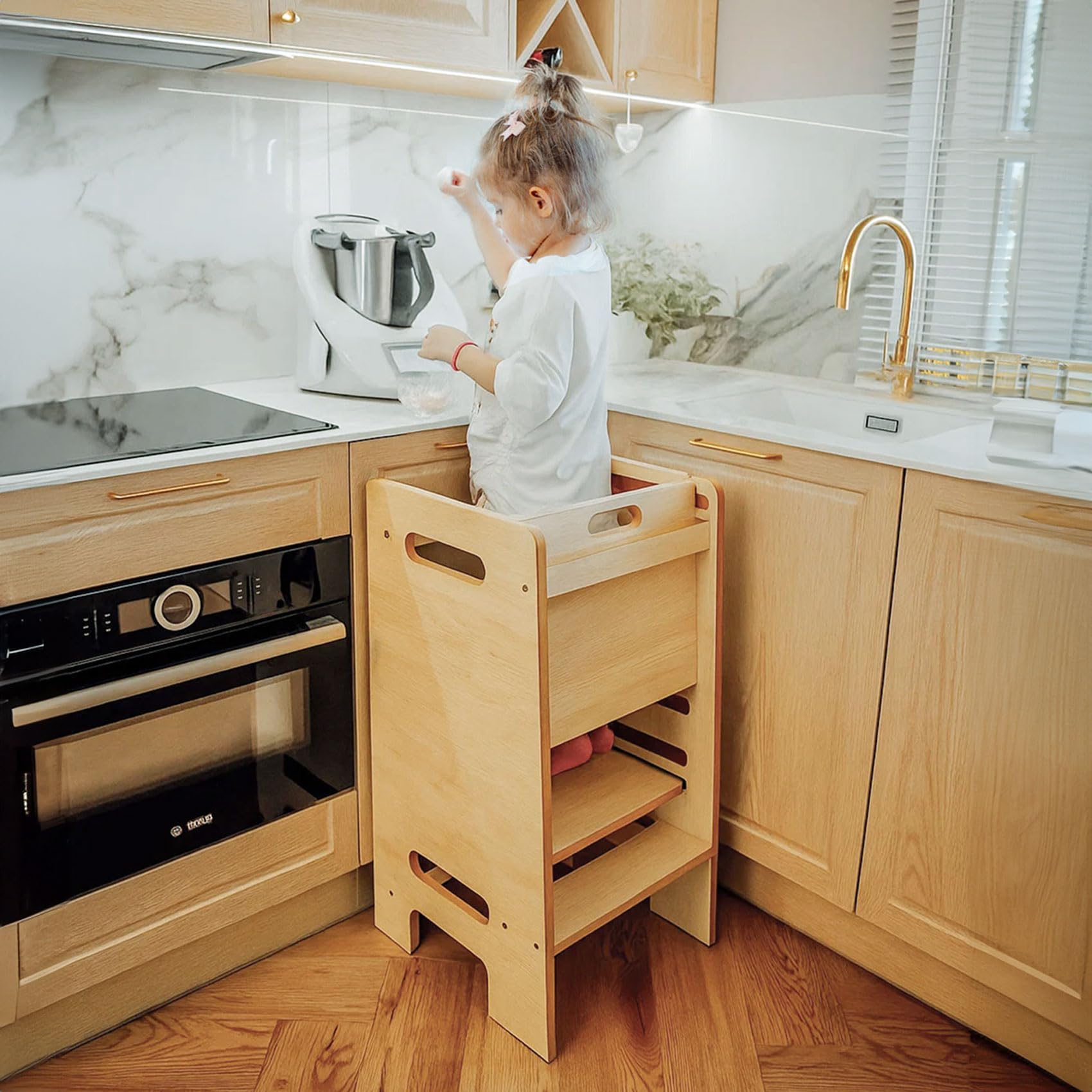 PaLulli® Höhenverstellbarer Montessori Lernturm ab 1 Jahr mit Kippschutz – 3-stufiger Learning Tower für Jungen & Mädchen – Sicherer Küchenhelfer Tritthocker für Kinder
