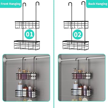 HapiRm Shower Caddy Hanging Organiser- No Drilling Shower Tidy with Hooks | Dual Hanging Shower Caddy, 2 Tier Stainless Steel Shower Rack, Efficient Drainage Over Door Shower Caddy for Bathroom