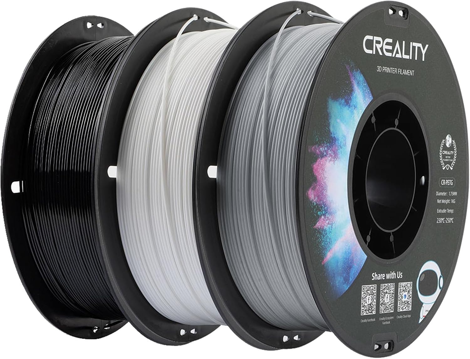 Creality 3D Printer Filament Bundle, 3-Pack PETG Filament 1.75mm, PETG Black, White, Grey, 3D Printing Filament 1kg X 3 Spools