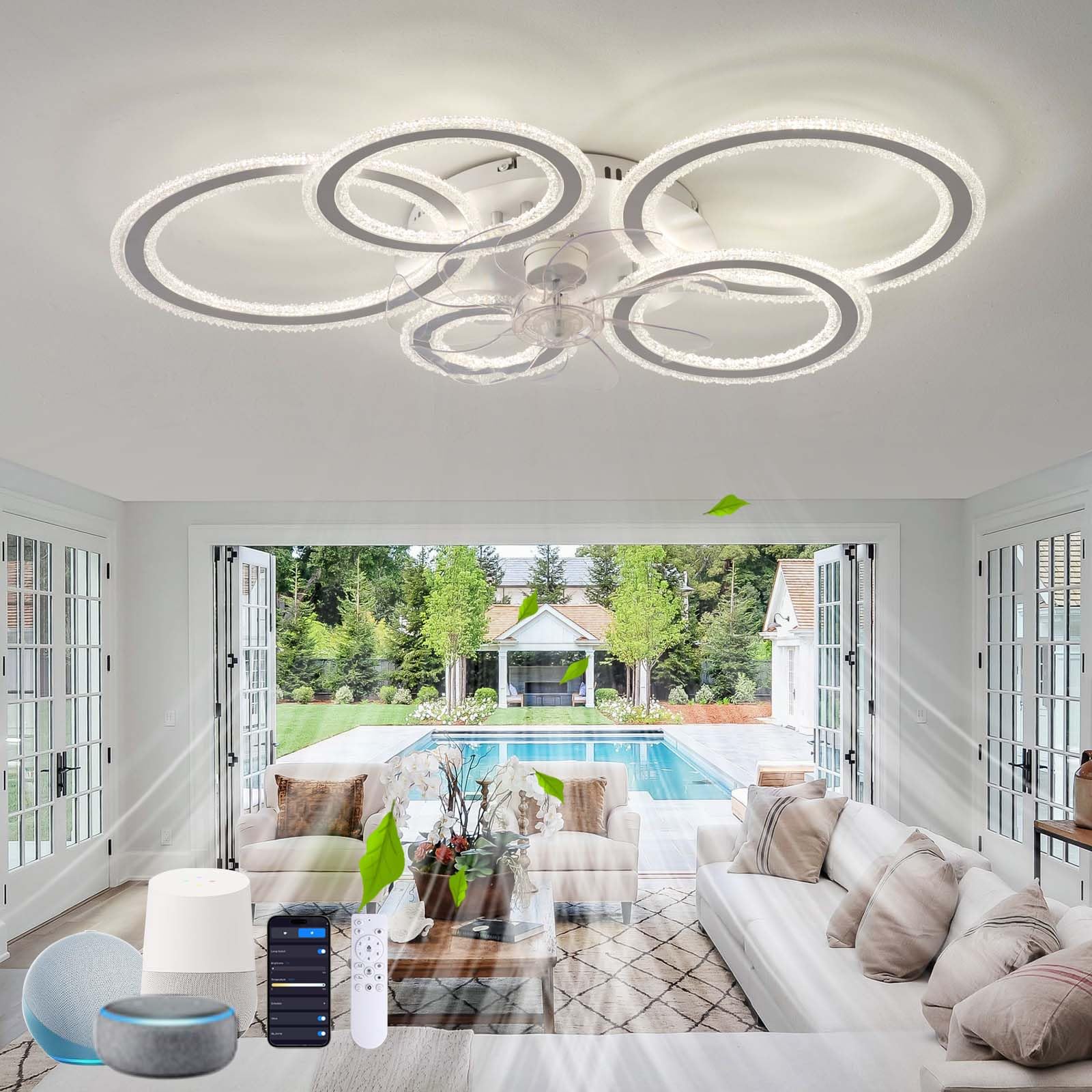 Design Fan Light Ceiling Compatible Google Assistant/Alexa, Ceiling Fans with Lamps Silent Reversible Led Dimmable Ceiling Fans with Lights and Remote Control for Living Room Bedroom, White