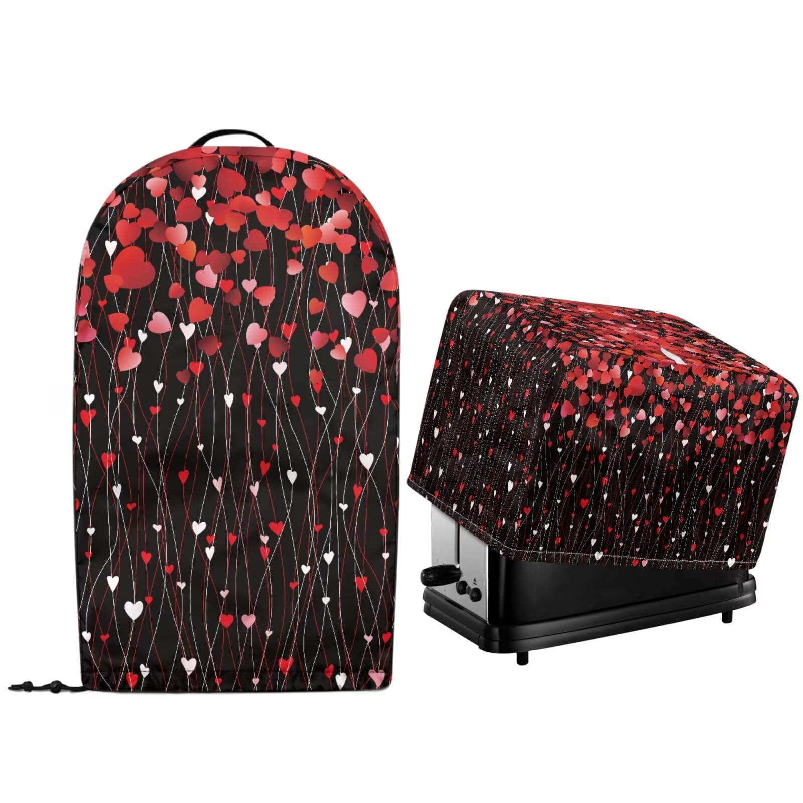 Valentine's Day Decor Kitchen Countertop Blender Stand Mixer Dust Cover with Drawstring Hem and Quilted Toaster Bread Maker Cover Red Love Hearts Print