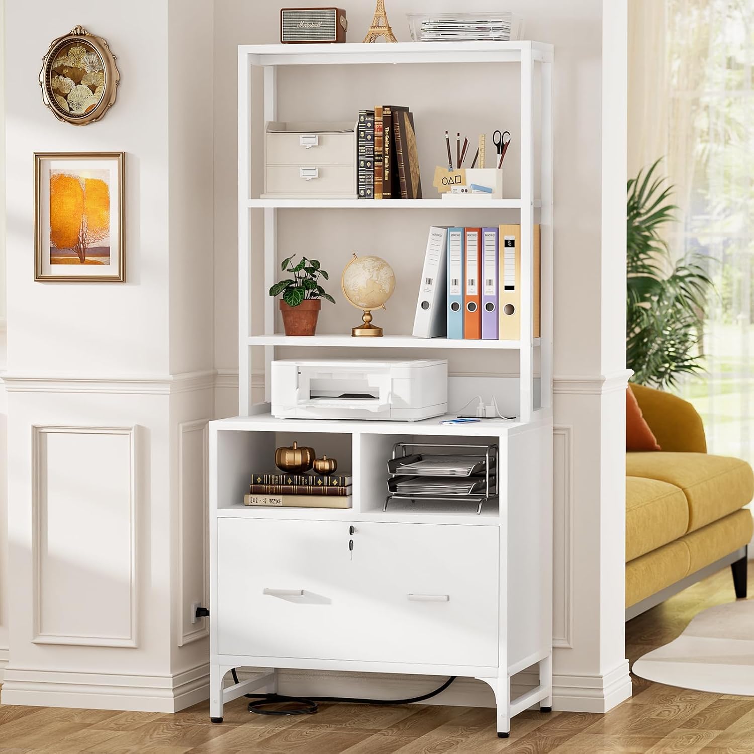 Homieasy Vertical File Cabinet with Shelves and Charging Station, White