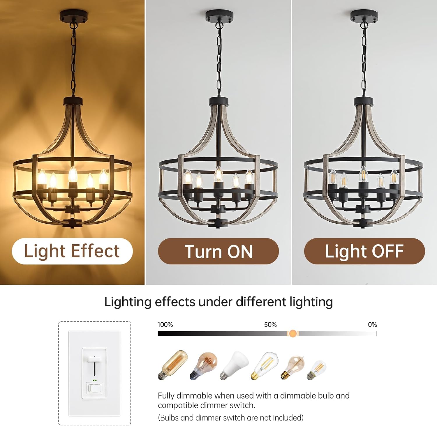 20" Farmhouse Chandelier for Dining Room, 5-Light Distressed White Faux Wood Pendant Light Fixtures, Antique Vintage Foyer Chandelier for Entryway Kitchen Island Living Room