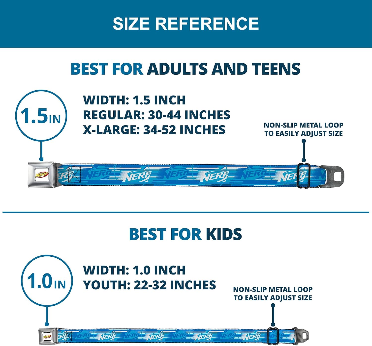 Nerf Belt, Seatbelt Buckle Belt, Nerf Logo Streaks Blues White, Adjustable