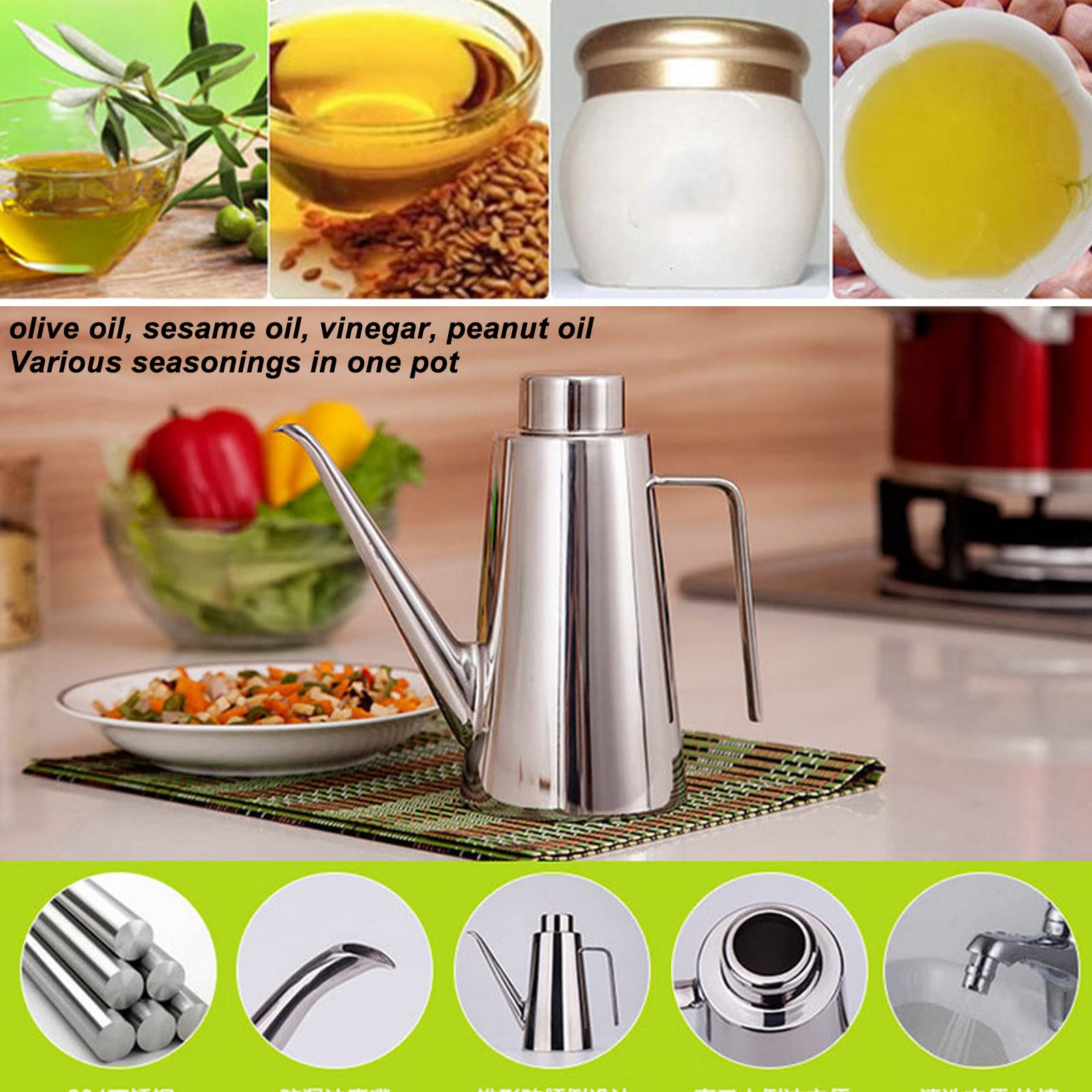 Bottiglia di Olio in Acciaio Inossidabile 850ml Contenitore per Dispenser di Salsa di Aceto di Olio D'oliva Bocca Lunga Teiera Bollitore per Condimento Filtraggio di Residui di Olio Può