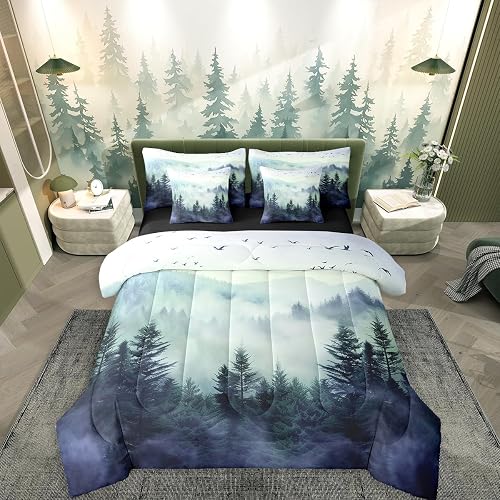 Blue Green Mountain 7 Pcs Bedding Set Nature Forest Comforter Set With Sheets Na