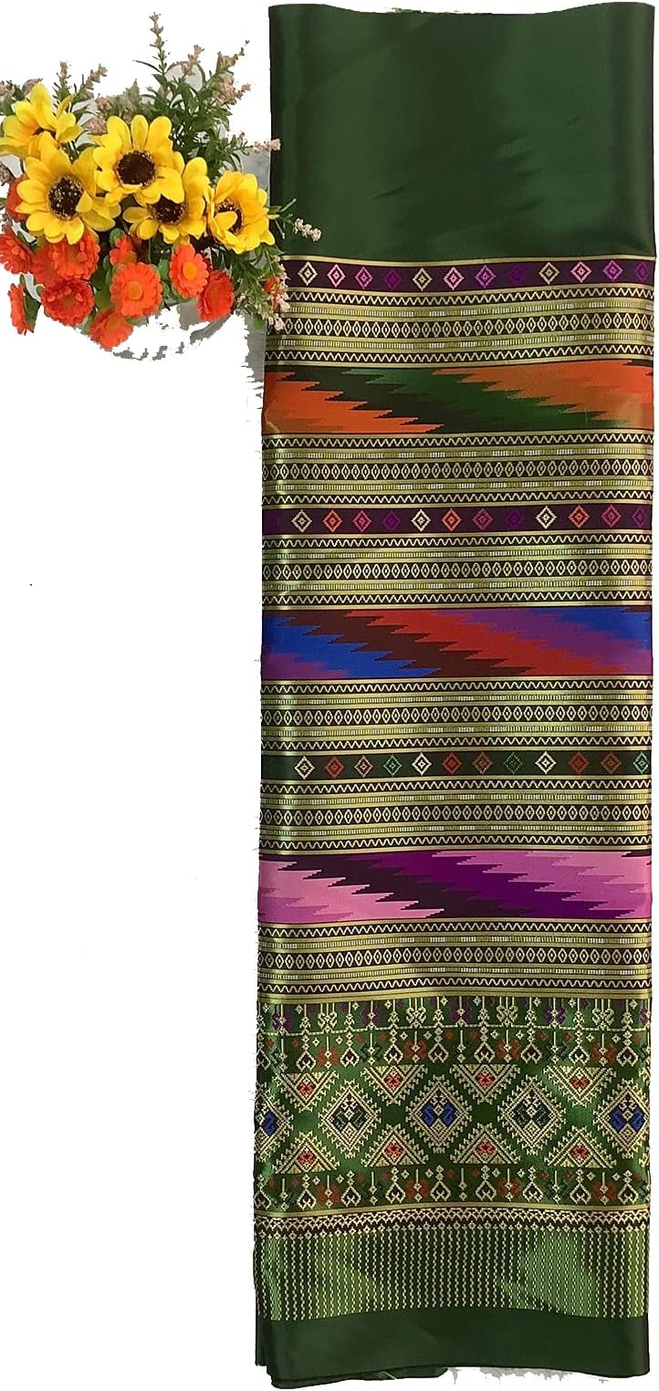 2-Yard Thailand Mai Kasalong N09 Cotton Thai Traditional Pattern Woven Fabric Supply for Thai Clothing Style Suitable for Wrap Skirt or Trouser (3-Green)