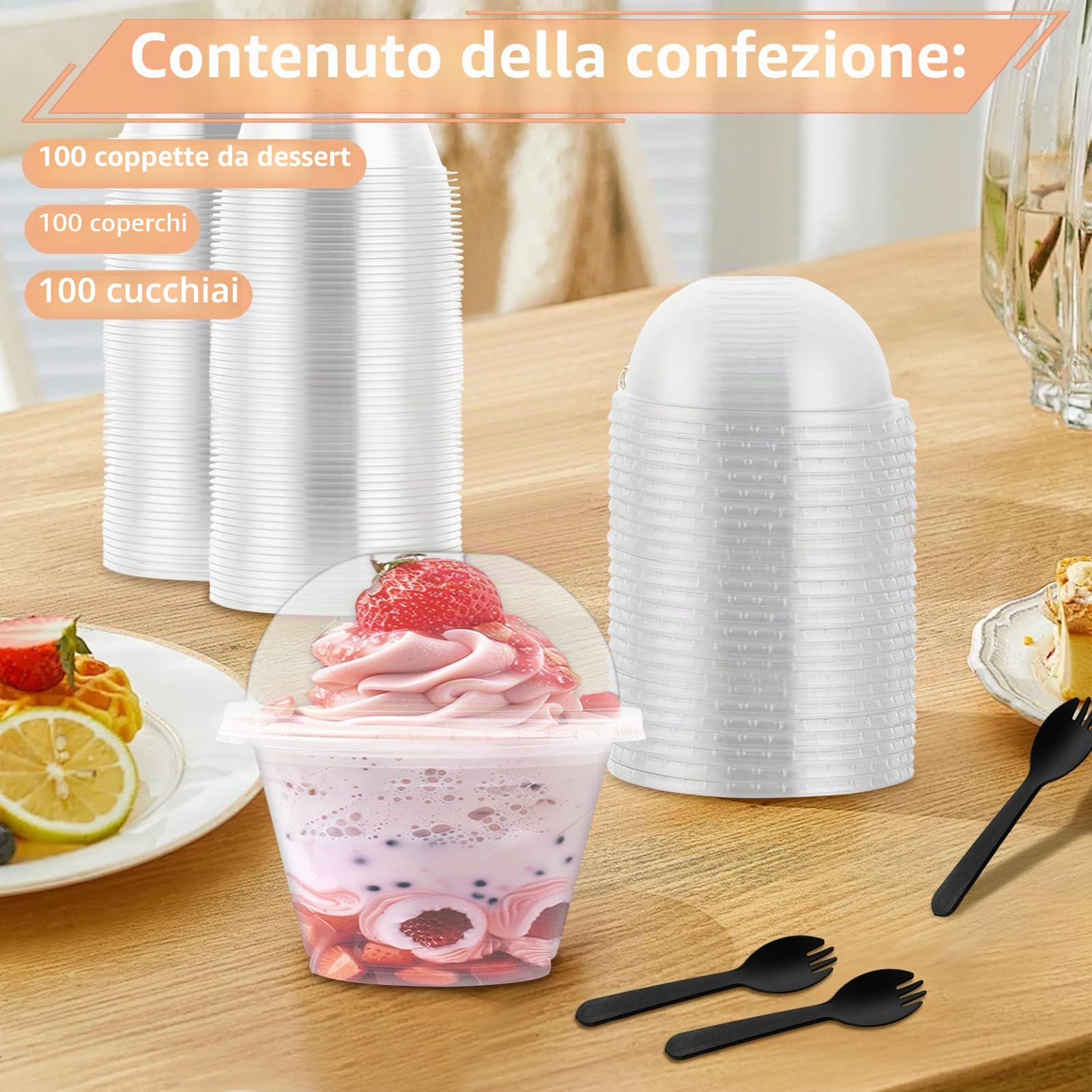 MIVIDE 100 bicchieri da dessert con coperchio e cucchiaio, 180 ml/6 oz in plastica, riutilizzabili, con coperchio per mousse, budini, gelati, feste di dessert, matrimoni
