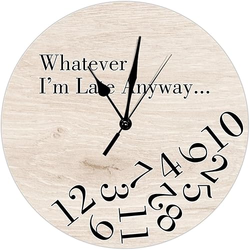 Vista 38 de Round Wall Clocks Whatever I'm Late Anyway Wood Wall Clocks Vintage Brown Wood Grain Distressed Clocks Battery Operated Rustic Shabby Wooden Clock