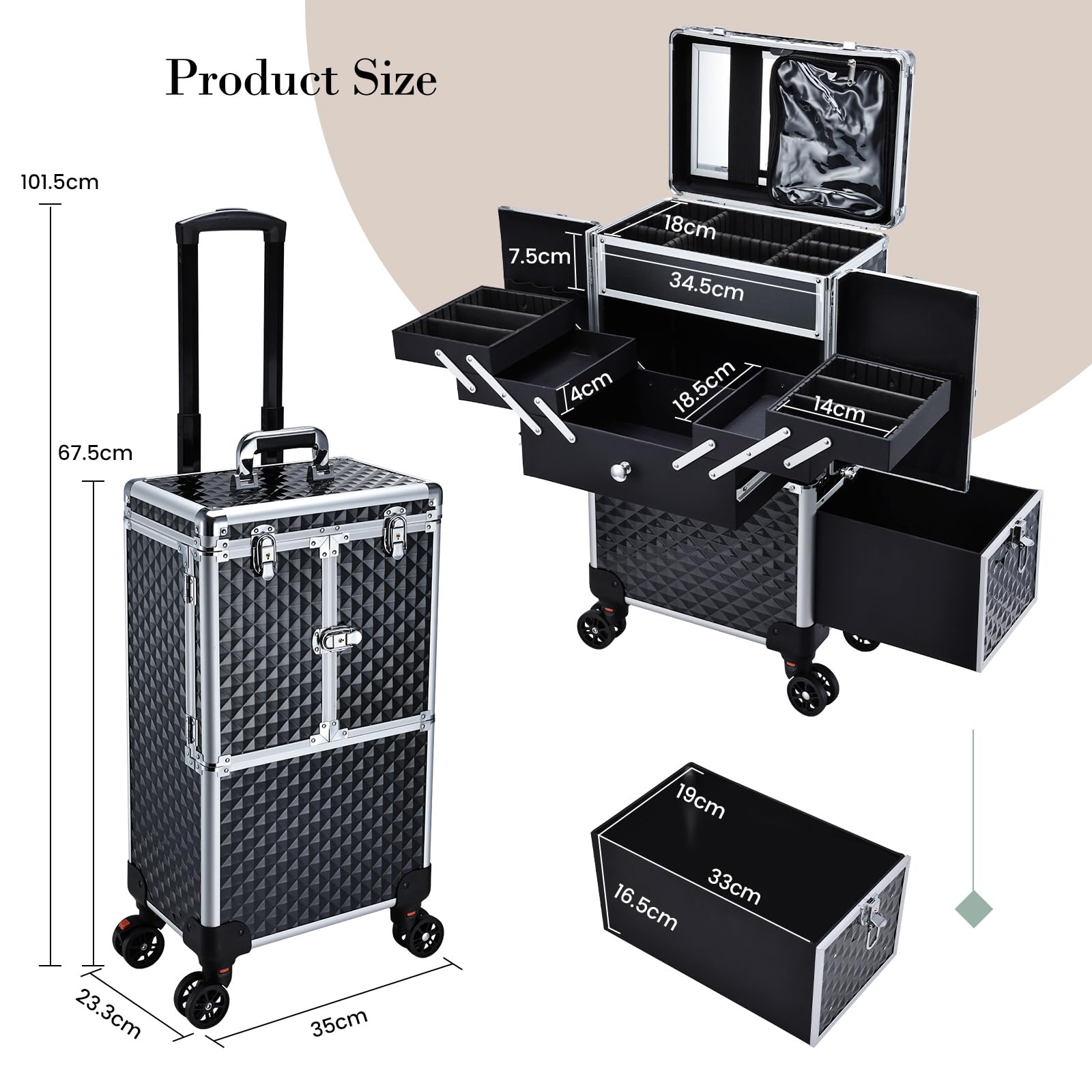Kosmetik Trolley Friseurkoffer mit Schublade und Spiegel Kosmetikkoffer mit 4 Tabletts Make up Koffer Groß Schminkkoffer Nagelkkoffer Abschließbare Beauty Case Friseur Box,Schwarz