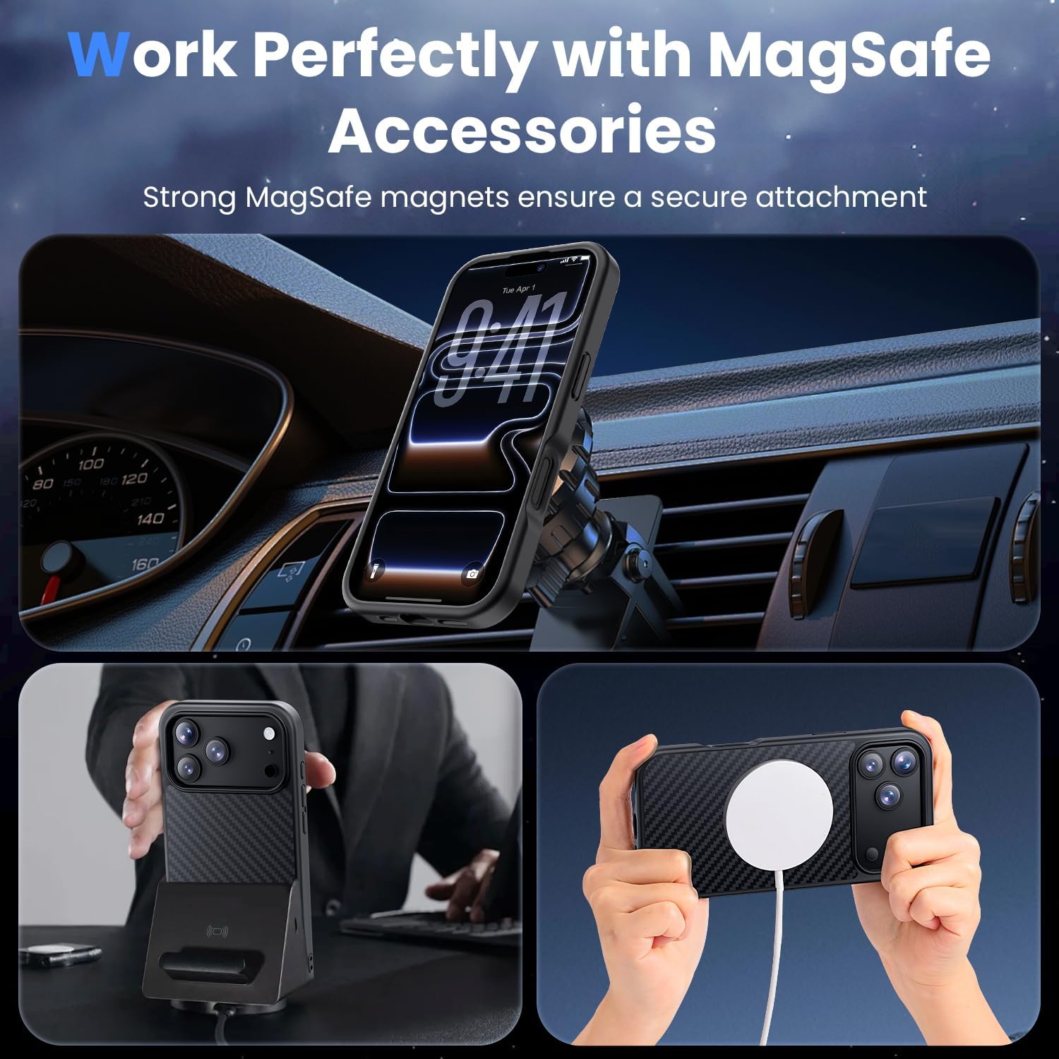 for iPhone 17 Pro Case Carbon Fiber,Fits MagSafe, Military-Grade Drop Cover,Sturdy Carbon Fiber for iPhone 17 Pro Phone case,Supports Wireless Charging, Black/Grey(Twill)