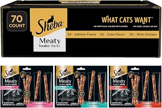 Sheba Meaty Tender Sticks Cat Treats - Chicken, Tuna & Salmon Flavors, Soft Real Meat Snacks, 70 Count 0.14 oz