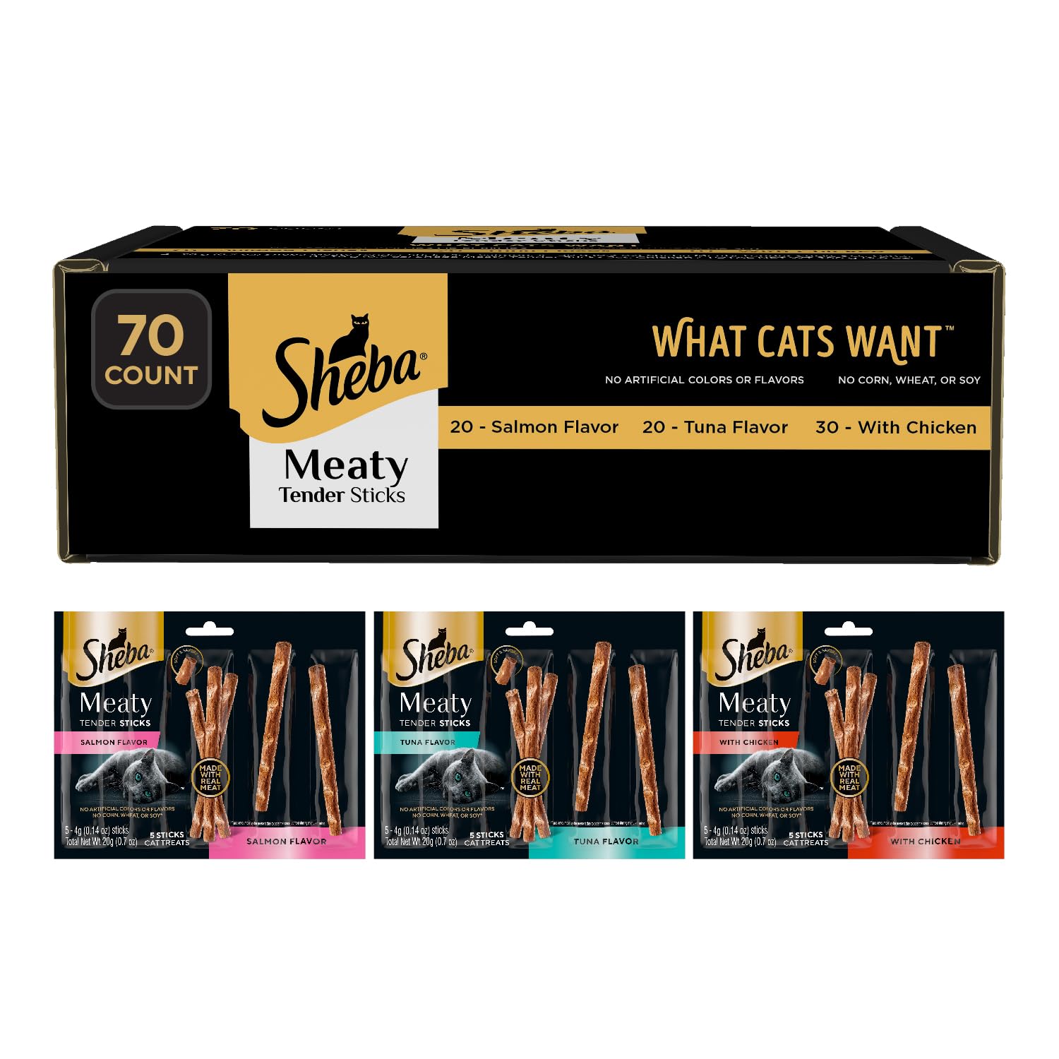 ShebaMeaty Tender Sticks Soft Cat Treats Chicken, Tuna, and Salmon Flavor, 0.14 oz., 70 Sticks