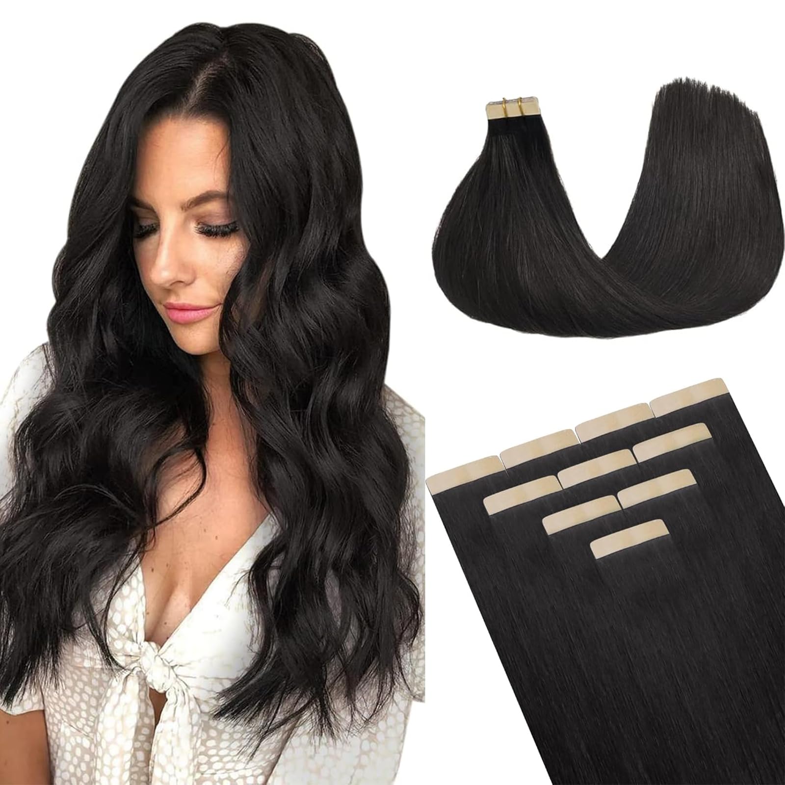 DOORES Tape in Hair Extensions Human Hair, Natural Black, 20 inches 10pcs 30g, HIGHLIGHT or SUPPLEMENT