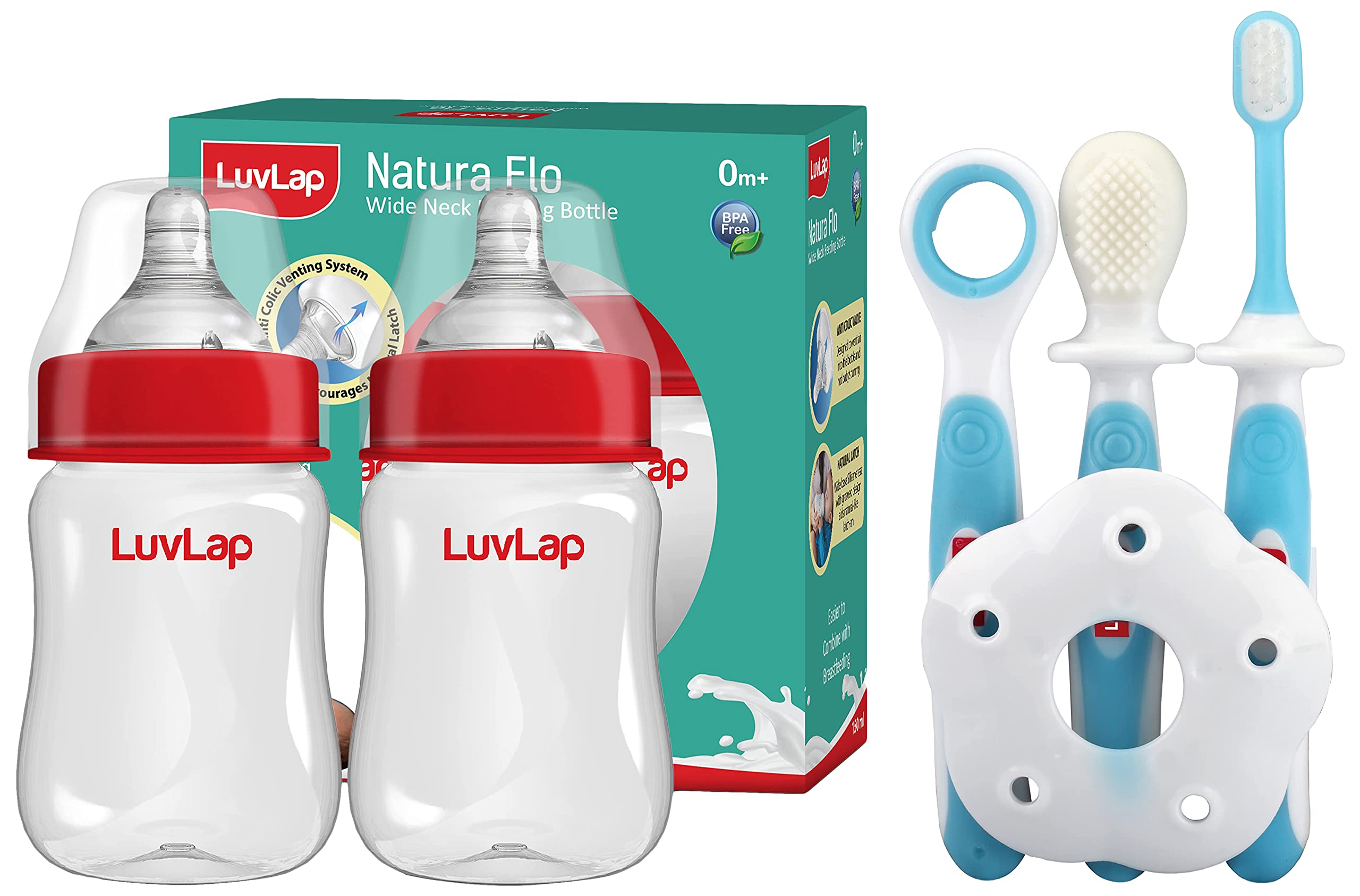 Luvlap Anti-Colic Wide Neck Natura Flo Baby Feeding Bottle, 150ml (Pack of 2), & LuvLap Baby Training Toothbrush Set, 3 pcs, (White/Blue)-picture-31
