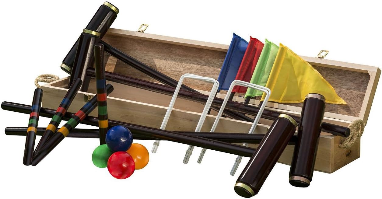 Premium Royal York Wooden Croquet Set, Full-Size Birch Wood Mallets with Brass Rings, Steel Hoops, Wooden Storage Box, Trophy and Rules, Adult Garden Sport Set