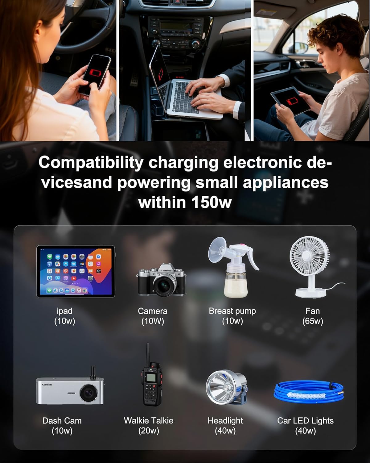 300W Power Inverter DC 12V to 110V AC Adapter with Dual AC Outlets, 2 PD 30W USB-C, 2 QC 18W USB, 1 Cigarette Lighter Outlet, Car Charger for Laptop, Vehicles, Road Trip Essentials