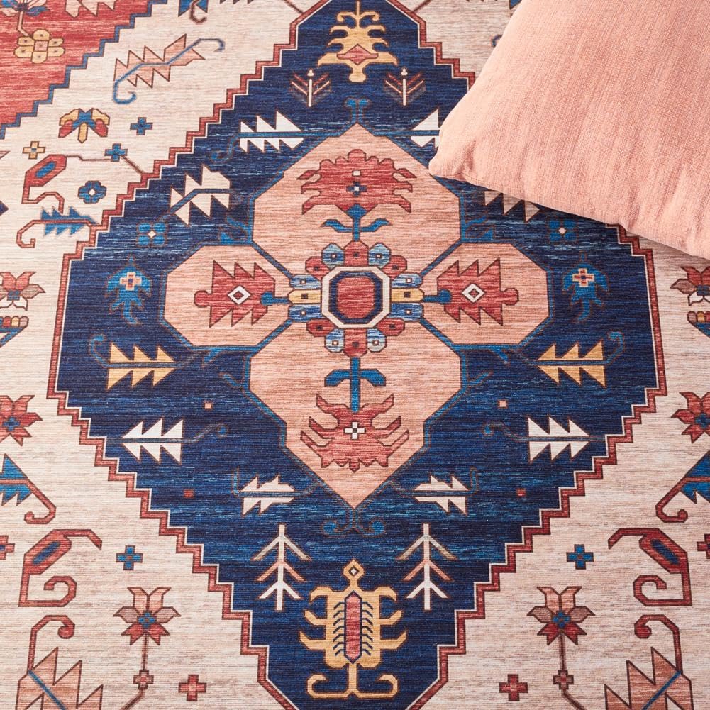 SAFAVIEH Washable Rug Tucson Collection - 2'6" x 4', Rust & Blue, Slip Resistant & Easy to Clean, Ideal for Living Room, Bedroom, Dining Space (TSN153P)