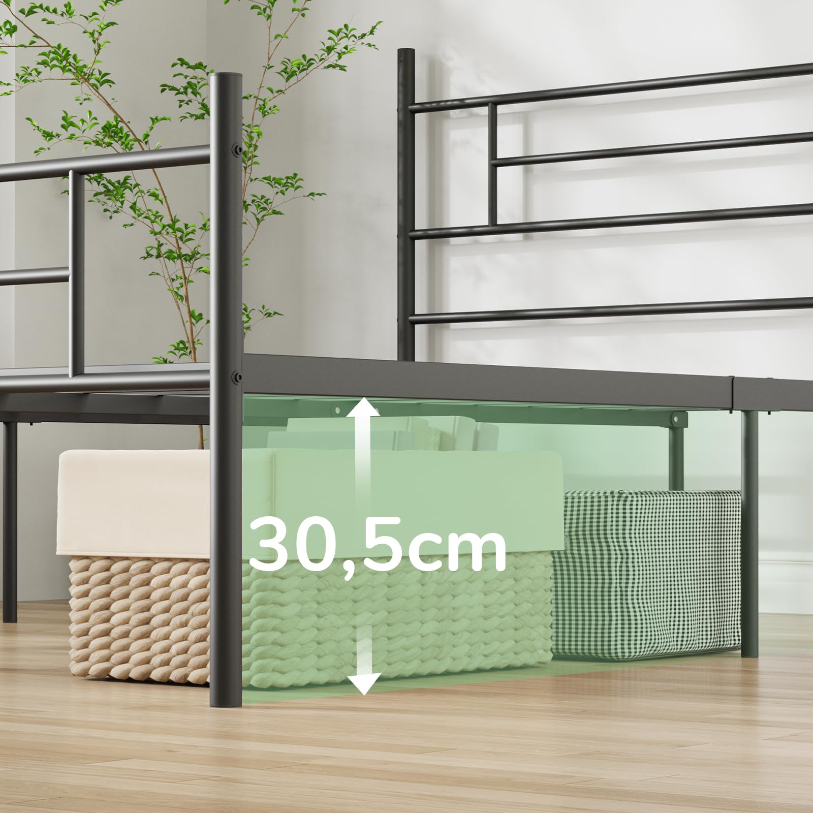 Novilla Rete Letto Matrimoniale 160x190 Struttura Letto con Testiera e Pediera, Supporto a Doghe in Acciaio, Design Antiscivolo per Materasso, Spazio di Archiviazione Sotto il Letto, Nero