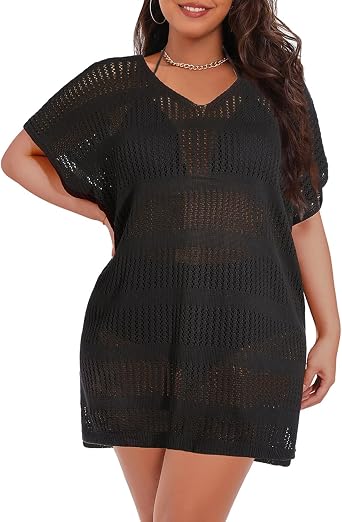 Pinup Fashion Plus Size Crochet Cover Ups Women Short Sleeve Split Swimsuit Coverups