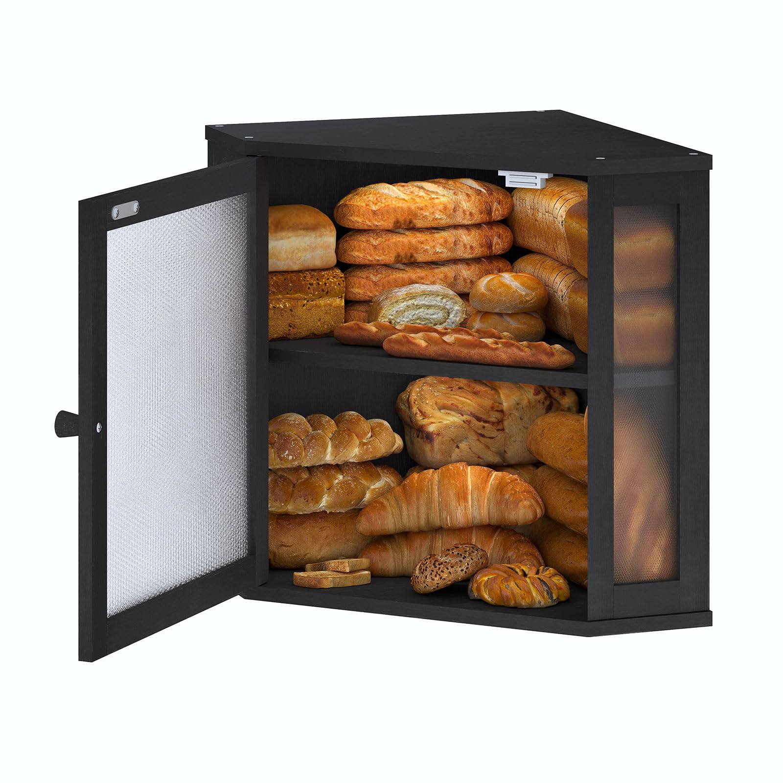 Eckbrotkasten für Küchenarbeitsplatte, Brotaufbewahrung für hausgemachtes Brot, großer zweischichtiger Bambus-Küchen-Aufbewahrungsbehälter mit Fenster (Schwarz, Medium)