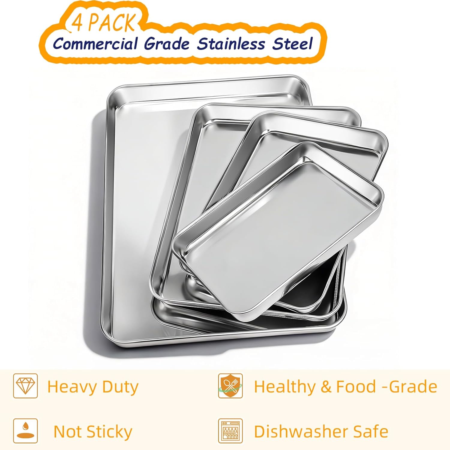 CEKEE Baking Sheet Set of 4, Stainless Steel Cookie Sheets for Baking, 0.8mm Heavy Duty Nonstick Baking Pans, 9/10/12/16 Inch Baking Trays for Oven, Non Toxic & Mirror Finish & Easy Clean