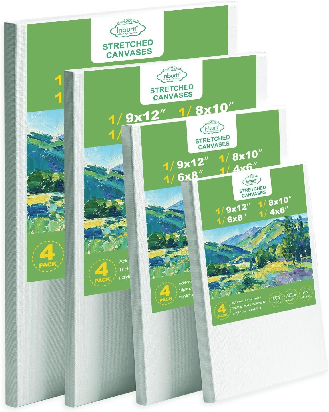 Inburit Stretched Canvas for Painting, 4 Pack - 9x12, 8x10, 6x8, 4x6, 100% Cotton Pre-Primed, Art Blank Canvases Set for Oil, Acrylic & Pouring