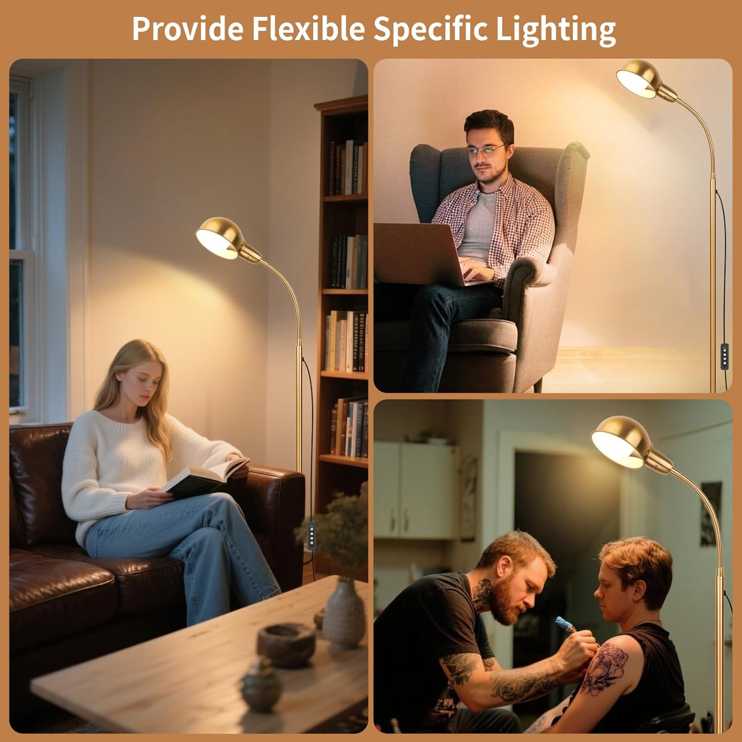 Gold Floor Lamp with Flexible Gooseneck and Rotatable Shade，Standing Lamp Include Dimmer LED Bulb，Ideal Tall Lamp with Dimmer and Timer Switch for Reading,Bedside and Living Room (Gold)