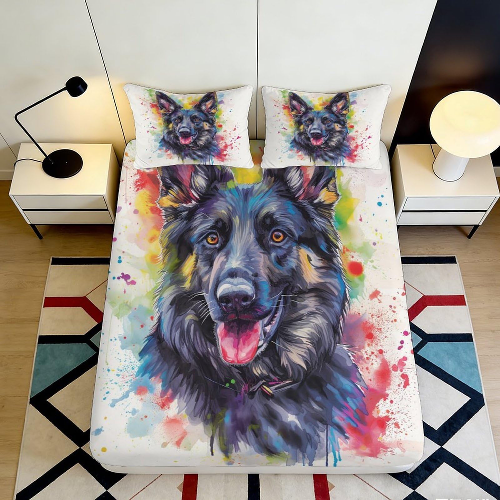 3D Printed German Shepherd Fitted Sheet Microfiber Colorful Art Bed Sheet Decor for Bedroom Guest Room Dorm Protection 90x200x25cm