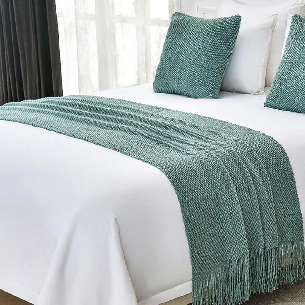 Bed Runner Scarf Bedspreads Bed Runners King Size Knitting Bed Blanket Sofa Blanket with Tassel Solid Color Bedding Scarf Protection Home Hotel Decorative Bed Throw-Green3||65x260cm (2m Bed)