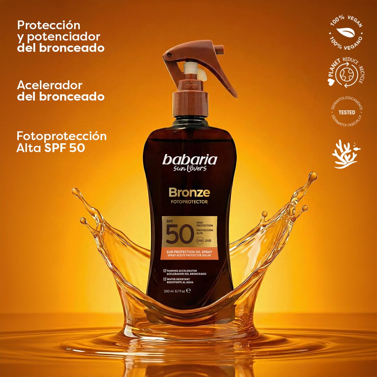Babaria Bronceador Cuerpo Protector Solar 50 Spray 200 ml Acelerador Bronceado Coral Friendly