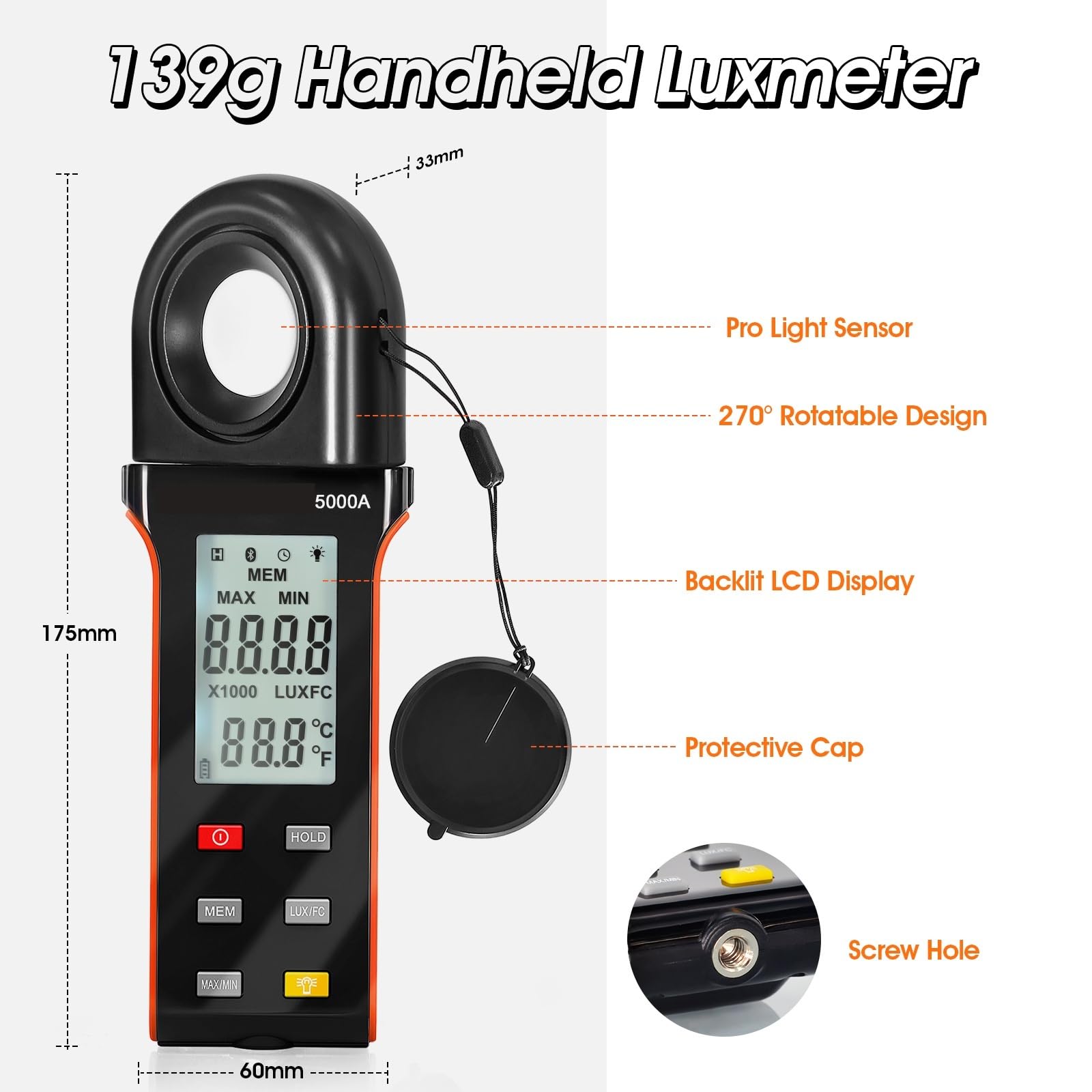Digitaler Beleuchtungsstärke-Lichtmesser, 400.000 Lux/FC Beleuchtungsstärke-Tester mit 270° drehbarem Sensor, Datenprotokollierung, for Zimmerpflanzen Innenarchitektur