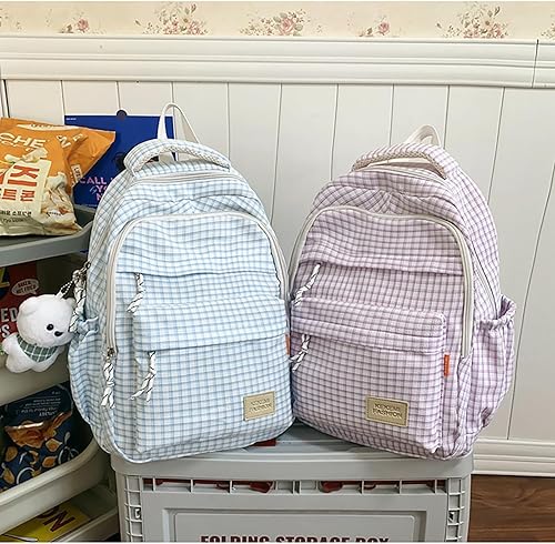Miniatura 3 de Mochila a cuadros Kawaii con bonitos accesorios, linda mochila estética, mochila de bricolaje, 6-Azul, Mochilas de mochila