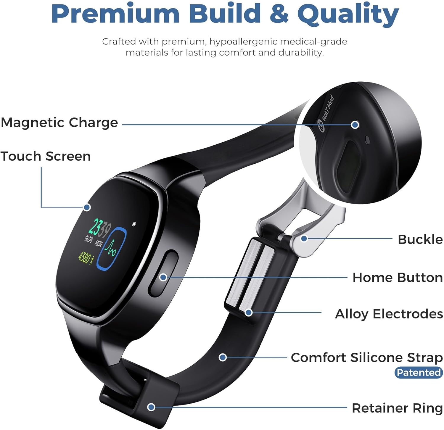 EmeTerm Smart FDA-Cleared Anti-Nausea Wristwatch Touchscreen IP67 Waterproof Morning Motion Sickness Relief Rechargeable Fast Acting Drug Free (Black - Extra 2pack Conductive Gel)