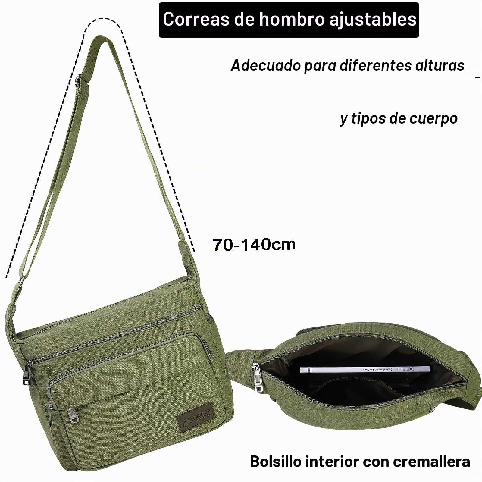 JAKAGO Bolsa de mensajero de lona para hombres/mujeres, bolsa de hombro con múltiples bolsillos para viajes escolares, pesca al aire libre, camping, trabajo, uso diario