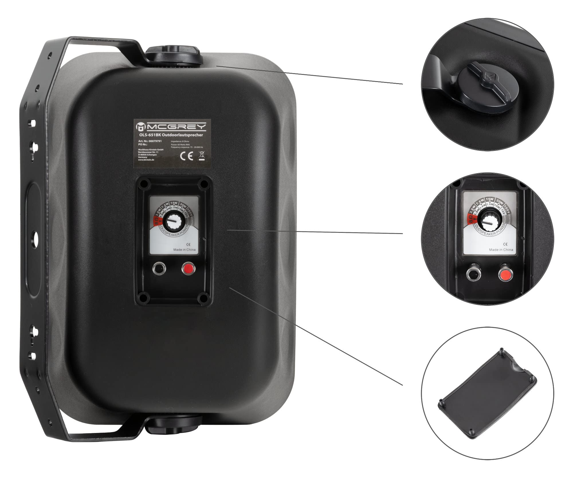 McGrey OLS-651BK Enceinte Outdoor 60 Watts Noire, Enceinte HiFi Deux Voies | Adaptée à l'extérieur, Woofer: cône en polypropylène 6, 5" (165 mm), Tweeter: 1" (25 mm) avec dôme en titane, 5 x 16, 5 cm