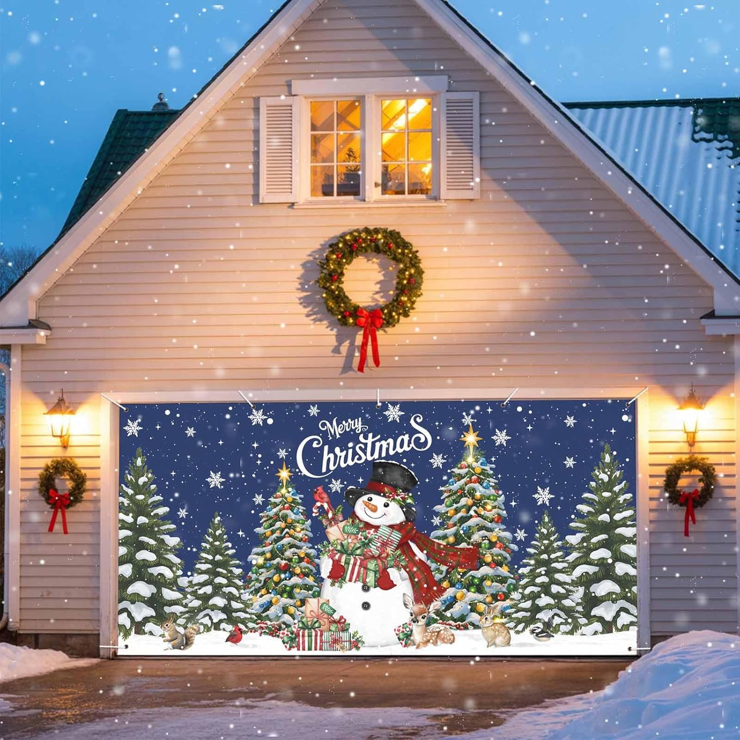 Navy Blue Christmas Garage Door Covers for Thanksgiving Christmas Decorations, Snowman Xmas Tree Garage Door Banner 7x8 Ft, Snowflake Winter Gifts Holiday Outdoor Decor Backdrop