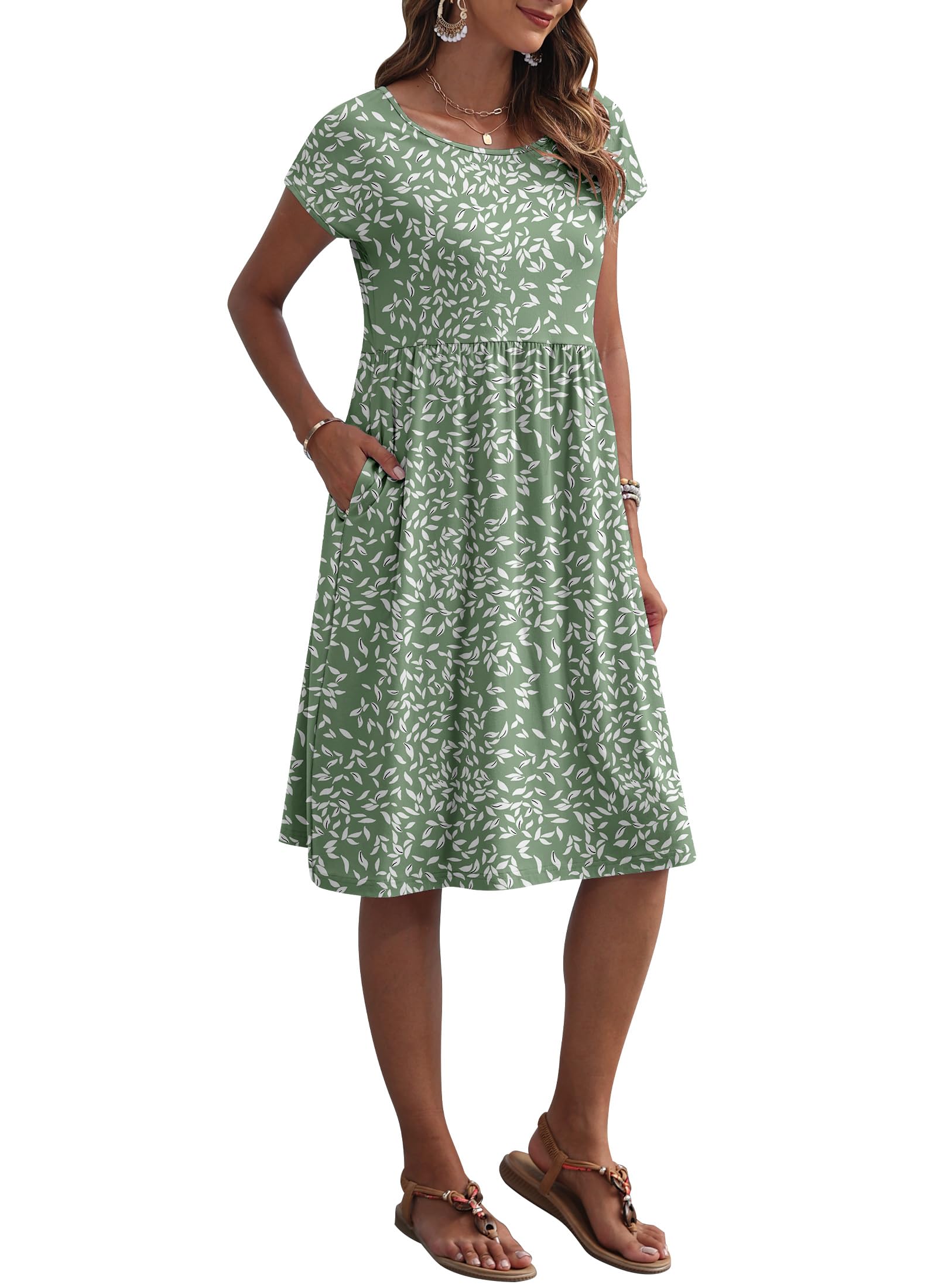 AUSELILY Vestito Estivo da Donna a Maniche Corte Abiti Casual Larghi Abito al Ginocchio con Scollo a Girocollo e Tasche