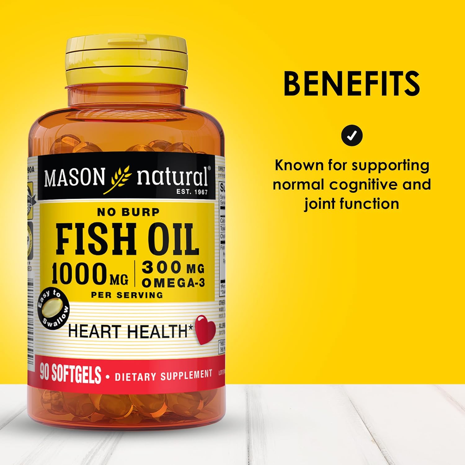 MASON NATURAL Omega 3 Fish Oil, 45,Day Supply, 1000mg with EPA and DHA for Joint Support, 90 Softgels (Pack of 2)