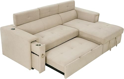 Miniatura 4 de Sofá cama multifuncional extraíble en forma de L con reposacabezas ajustable, carga inalámbrica, portavasos y almacenamiento oculto para sala de