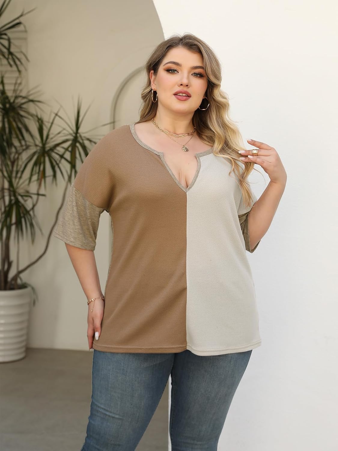 Womens Plus Size Summer Tops Fashion Half Sleeve Waffle Knit Shirts Casual V Neck Colorblock Patchwork Blouses - Image 4