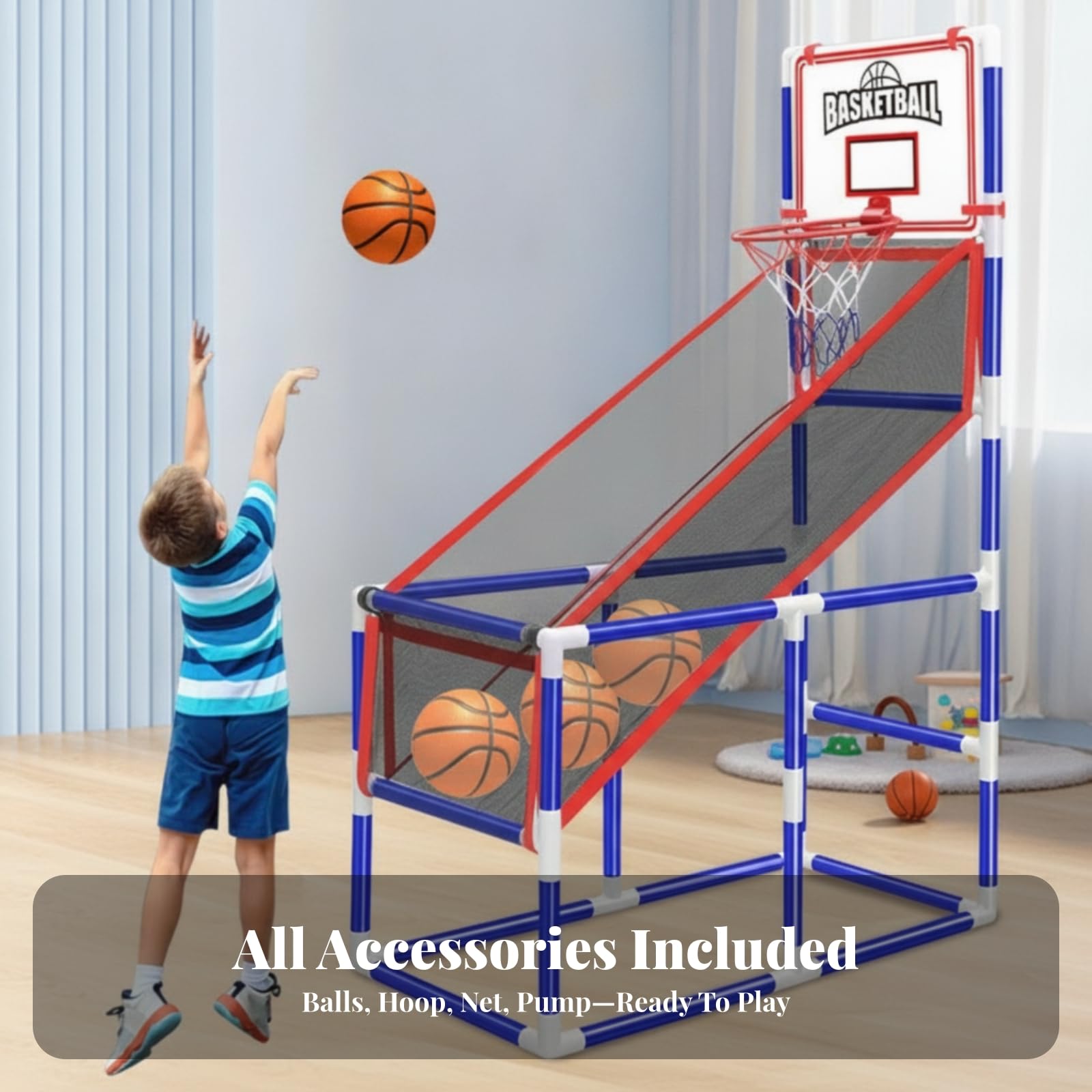 Macchina Canestro Giocattolo Bambini Gioco Basket con Canestro Tabellone Rampa di Ritorno E Restituzione Palla Automatica 4 Palloni E Pompa Adatta per Casa Giardino Compleanni