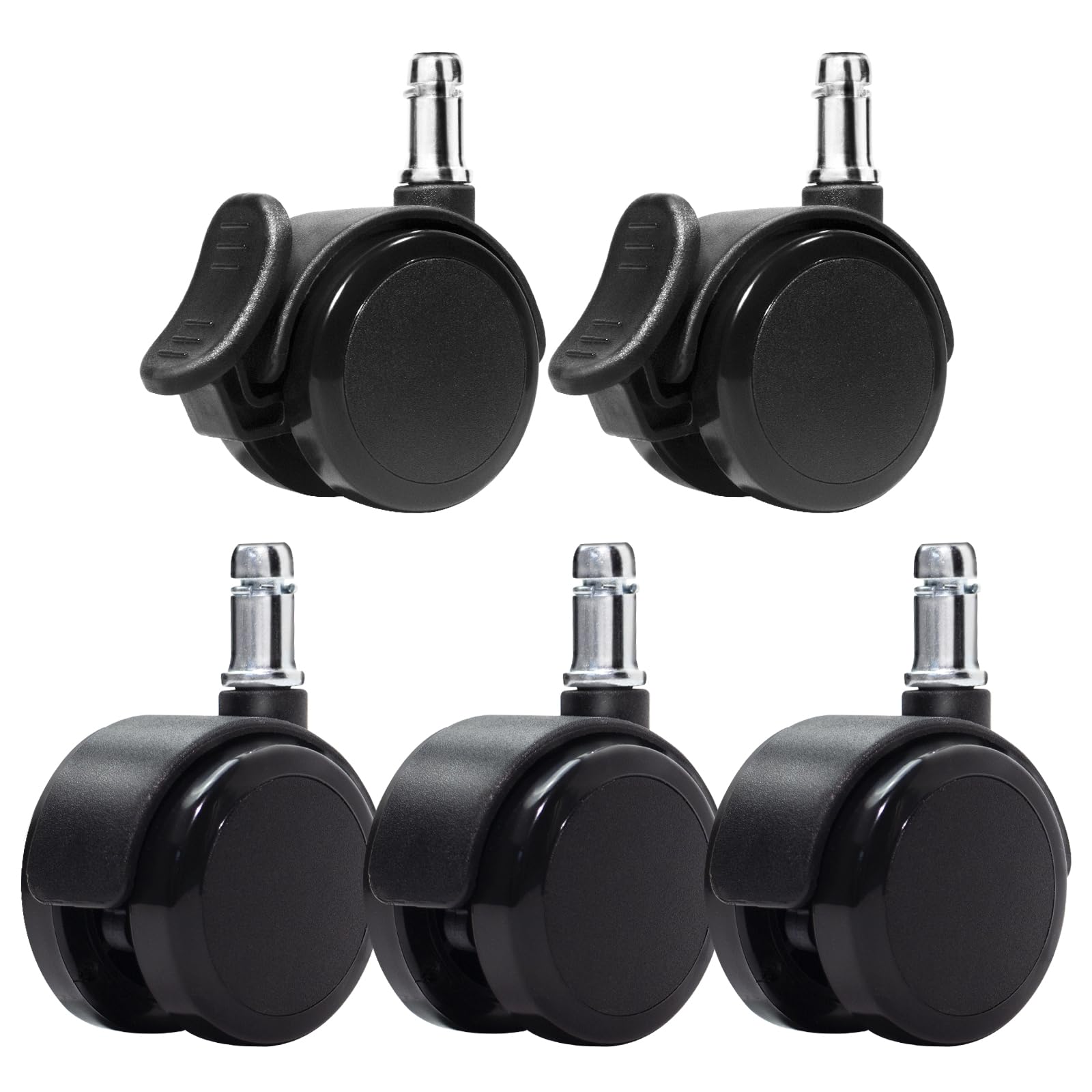Office Chair Casters with Brake 11mm x 22mm for Desk Chair, Rubber Casters, Office Chairs, Gaming Chairs, All Floors, Set of 5 (2 with Brake
