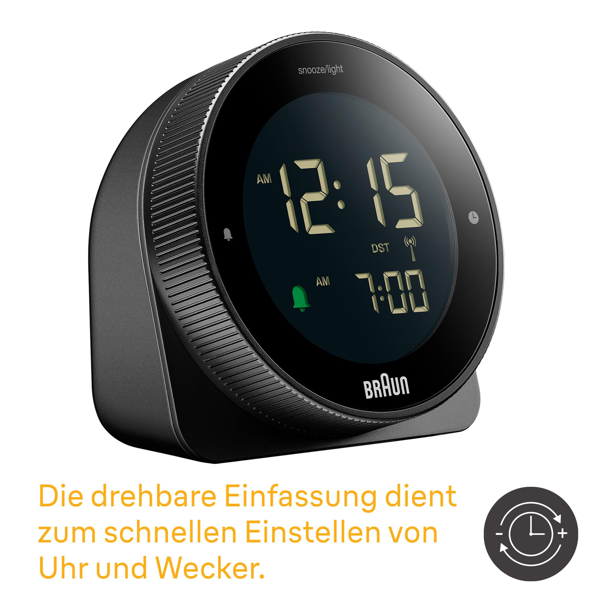 Braun digitaler Funkwecker für die mitteleuropäische Zeitzone (DCF) mit Schlummerfunktion, umgekehrtem LCD-Display, drehbarer Lünette für schnelle Zeiteinstellung, Schwarz, BC24B-DCF