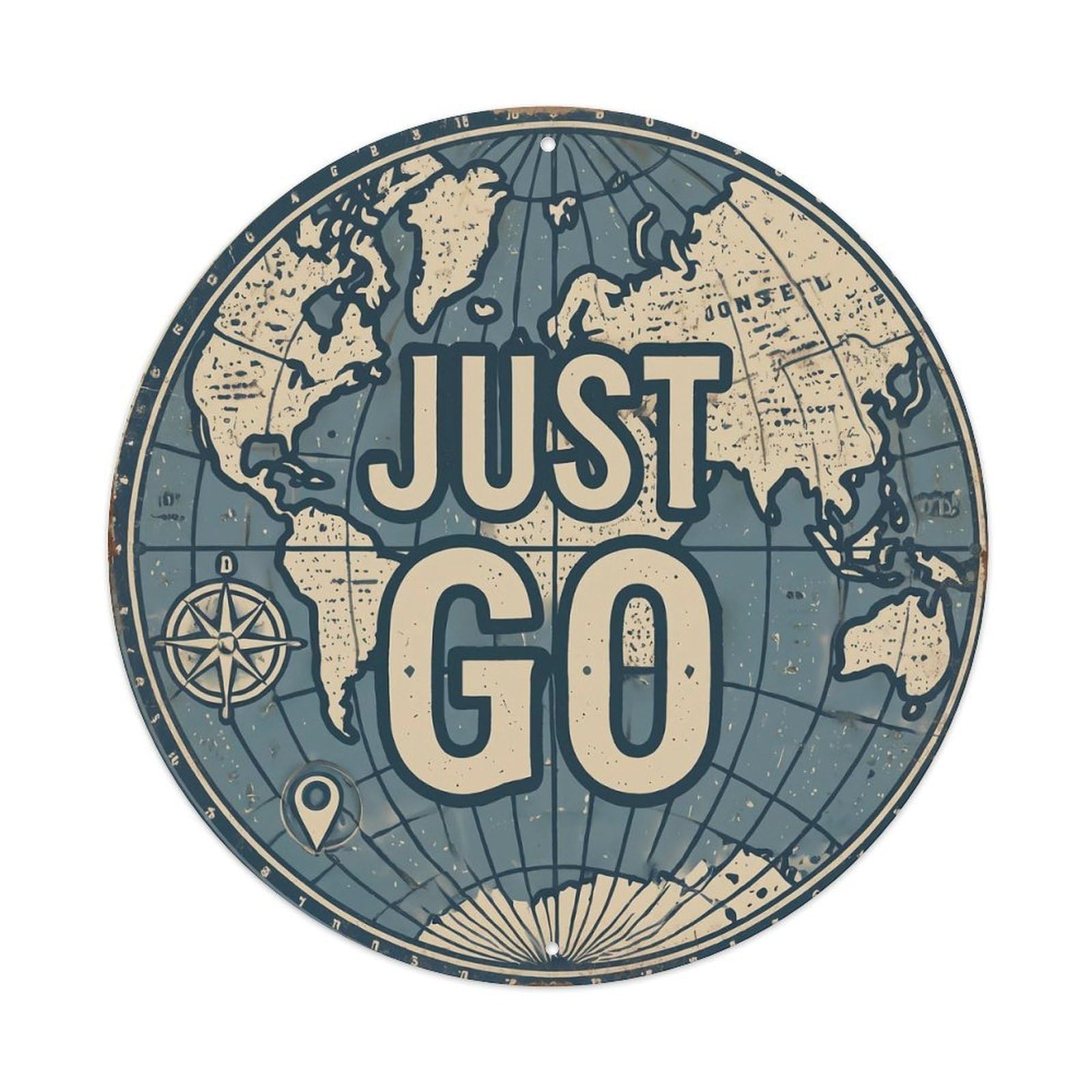 Vintage World Map with Compass Just Go Skipper Metal Tin Sign